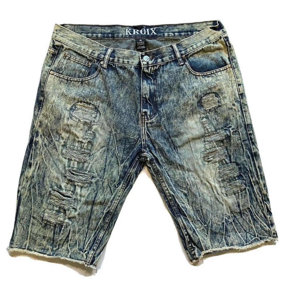 Kroix Jean Denim Shorts Mens 38x13.5 Distressed Acid Wash Relaxed Faded‎ Raw Hem